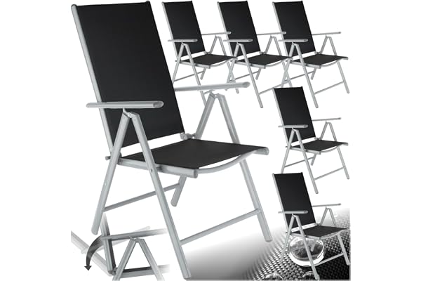 tectake® Chaise de Jardin Pliable 67 x 56 x 105 cm, Lot de 6, Dossier inclinable en 7 Positions, Résistante aux intempéries, Chaise extérieure Aluminium, Siège Jardin, Noir/Gris