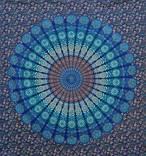 Wandbehang, Mandala-Design, Psychodelisches Motiv: indischer Pfau, 220 x 240 cm, Blau - 3