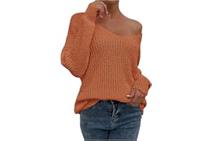 VEMOW Sexy V Neck Sweaters for Women Off Shoulder Jumper Long Sleeve Lightweight Knit Top Casual Loose Fit Fall Pullover Sweater