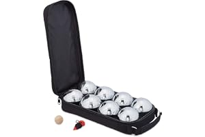 Relaxdays Lot de Pétanque Métalliques Boule, 8 metallkulor, set med målkula och avståndskniv, bärväska, boccia-spel, silver/svart nyon