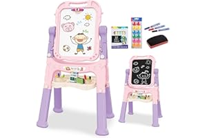 The Magic Toy Shop Kids Folding Double-Sided Magnetic Easel - 360° Rotating & Removable Drawing Board with Blackboard & Whiteboard - Magnets, Chalks, Markers, Stand - Art, Painting, & Writing (Pink)