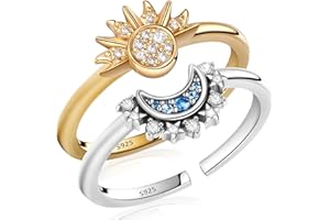 Eniyou 2 Pezzi Anello Sole e Luna Anelli Ragazza Anelli Regolabili Donna Anello Luna 16.5mm L'Apertura è Regolabile Adatta Alle Signore Come Regalo per Mogli e Amiche Argento e Oro