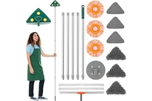GATPHY Fregona de Limpieza de Suelo 45-219cm Telescópica Fregona de Limpieza Giratoria de 360° con 9 Funda de Tela de Microfibra Triangular Redonda Extraíble para Pared Suelo Ventana Techo