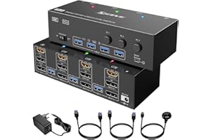 KCEVE Przełącznik KVM 3 komputery 3 monitory, przełącznik KVM HDMI + DisplayPort USB 3.0, KVM z potrójnym monitorem 8K przy 30 Hz / 4k przy 144 Hz do 3 komputerów, 3 wyświetlaczy i 4 urządzeń USB 3.0