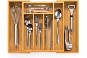 budu Organizador de Cubiertos #33,5 (profundidad 33,5 cm) de Bambú, Bandeja para Cubiertos Extensible, Cubertero Ajustable para Cajón