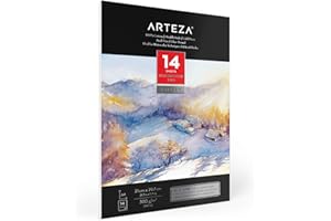 Arteza Bloc pour aquarelle A4, 14 feuilles (140 lb/300 g/m²), 100% coton, double face, imprimé à froid, papier sans acide, idéal pour les techniques d'aquarelle et les supports mixtes