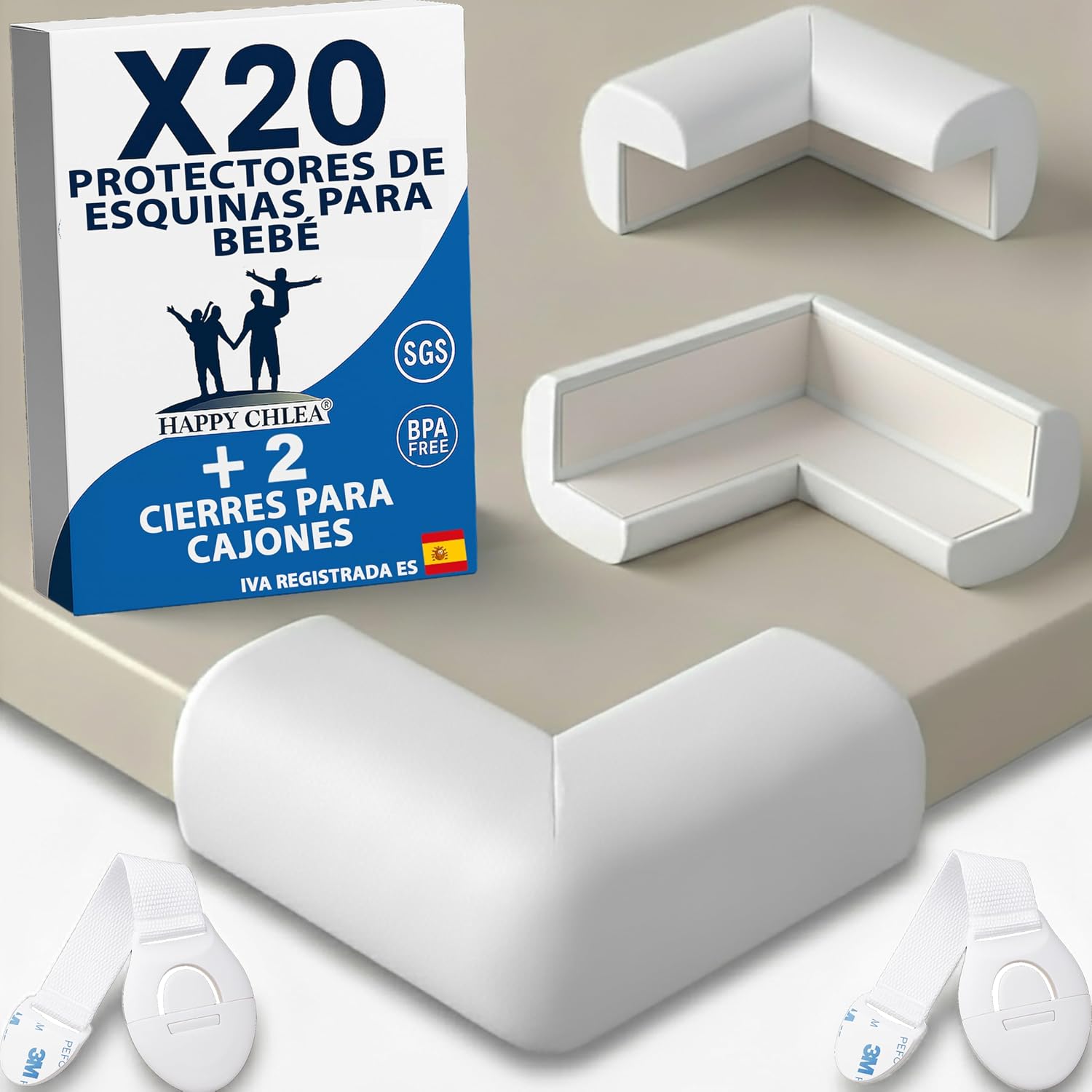 Happy Chlea 20 Protector Esquinas Bebé de Goma con Tecnología Espuma Activa + 2 Cierres Seguridad Cajones, Esquineras para Cama, Mesa y Muebles