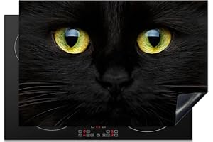 KitchenYeah© Protezione Piano Cottura Tappetino per Induzione 77x51 cm Cucina Proteggi Coprifornello Antiscivolo Gatto - Nero - Occhi - Giallo - Animali domestici