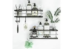 KINCMAX Shower Shelf 2-Pack - Self Adhesive Shower Caddy with 4 Hooks - No Drill Large Capacity Stainless Steel Shelves - Aesthetic Organiser for Bathroom Wall - Matt Black