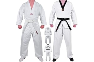 MAR INTERNATIONAL MAR | Taekwondo White Uniform Suit White Colour V-Neck, Sparring Gear Unisex Kids & Adult Martial Arts Taekwondo Gi Student Suit Taekwondo Polycotton Medium Weight 8oz Fabric + FREE BELT