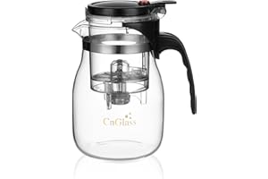CNGLASS-Glas Teekanne aus mit herausnehmbarem Sieb, 750ml/25oz klarer Teekessel mit einem Knopfdruck zum Filtern der Teesuppe, des losen Blattes und des blühenden Teebereiters