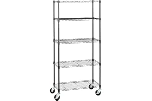 Amazon Basics Meuble de rangement moyen à 5 tablettes étroites sur roulettes de 10,2 cm avec étagères réglables en hauteur et pieds de nivellement, Poids max de 680 kg, Noir, 35.6 x 76.2 x 160.75 cm
