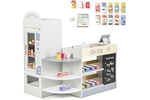 COSTWAY Pretend Play Shop, Kids Supermarket Playset with Cash Register, Vending Machine, Chalkboard, Wooden Role Play Grocery Store for Children Ages 3+ (White)