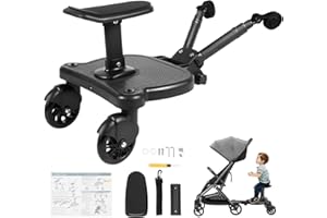 BINILIUBI Planche Poussette Universelle, Skate Poussette Universelle avec Siège, Marche Pied Poussette avec Sac de Rangement, Sangle de Suspension, pour bébé pour, Enfants de 2 à 6 Ans, Charge 25KG Noir