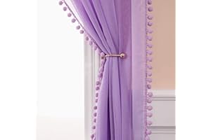 ‎MIULEE MIULEE Sheer Curtains Transparent with Pompoms Curtain Made of Voile Polyester Rod Pull Transparent Living Room Air Decorative Curtain for Bedroom Set of 2