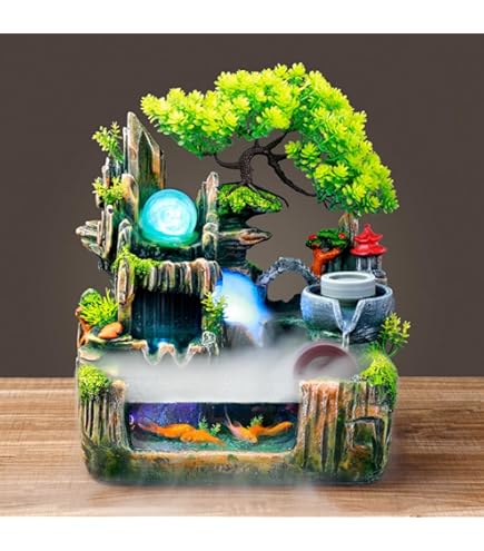 Mermajestic 220 V, 18 x 15 x 30 cm, kunsthars, kamerfontein met ledverlichting, tafelfontein, waterval met nevel, tuin, aquarium, hars, desktopfontein, Zen Light, kamerfontein met planten