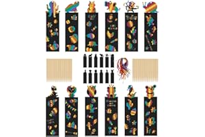 Johiux Scratch Art for Kids,48Pcs Bookmarks for Children,Classroom Gifts,with 48pcs Wooden Stylus and 48pcs Satin Ribbons for Kids School Tags,Classroom, Party Bags Filler for Kids