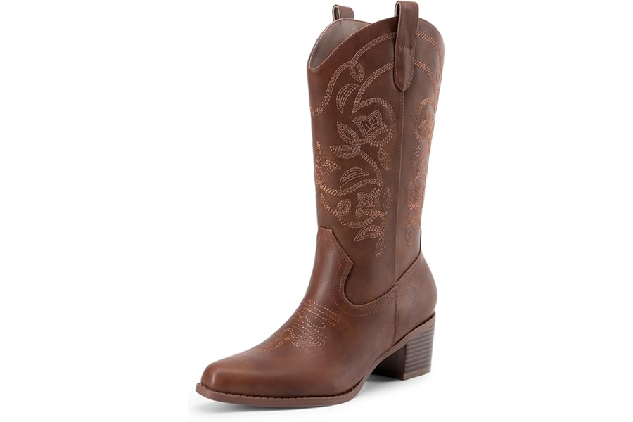 DREAM PAIRS Cowboy Boots for Women Cowgirl Western Boots Fashion Embroidery Stitched Chunky Heel Mid Calf Boots