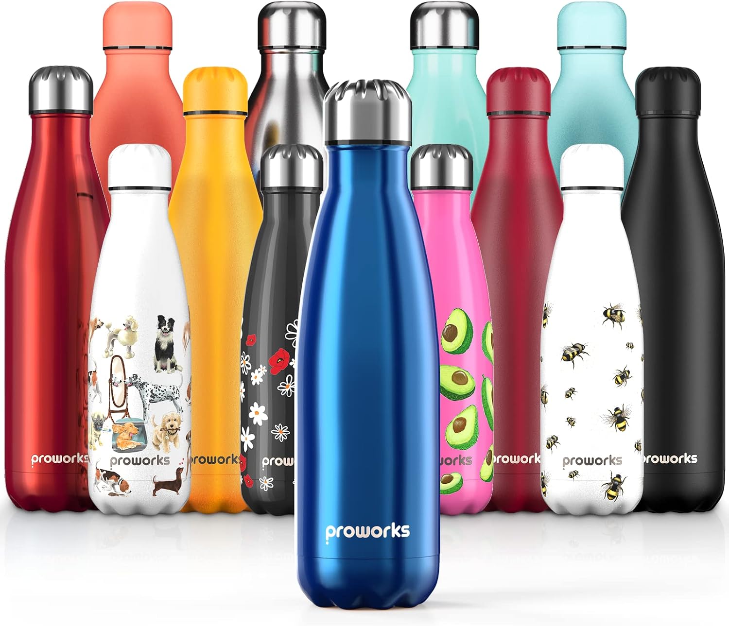 Proworks Botellas de Agua Deportiva de Acero Inoxidable | Cantimplora Termo con Doble Aislamiento para 12 Horas de Bebida Caliente y 24 horas de Bebida Fría - Libre de BPA - 1L - Azul Metalizado
