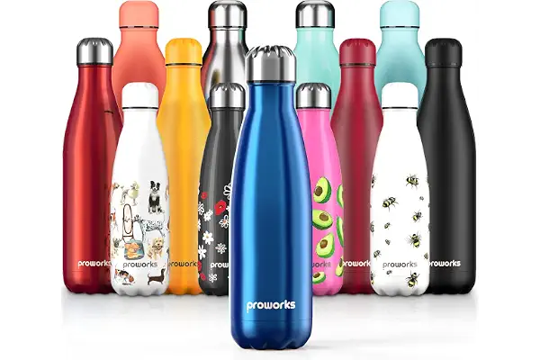 Proworks Botellas de Agua Deportiva de Acero Inoxidable | Cantimplora Termo con Doble Aislamiento para 12 Horas de Bebida Caliente y 24 horas de Bebida Fría - Libre de BPA - 1L - Azul Metalizado