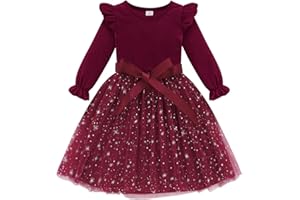 Naiyafly Toddler Girls Dress Velvet Ruffle Long Sleeve Kids Sparkle Sequins Tulle Tutu Christmas Dress Holiday Festive Wedding Party Birthday Fall Winter Princess Dress Outfit 2-7 Years