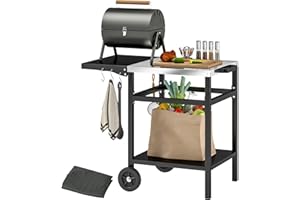 Outsunny BBQ Trolley with Stainless Steel Top and Foldable Side Table, Outdoor Kitchen Barbecue Station with Hooks and Shelf, Pizza Oven Table Movable Outdoor Grill Dining Cart with Cover, Black