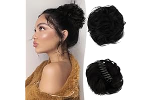 RUWISS Moño Postizo Desordenado con Pinza para Extensiones de Coleta 100% Cabello Humano Ondulado y Rizado Scrunchies de Cabello Humano Genuino con Clip para Mujeres Niñas(Off Negro)
