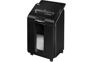 Fellowes AutoMax 100M, Destructora trituradora de papel, mini corte (Din P-4), destruye hasta 100 hojas de manera automática (10 manualmente), tritura grapas, tarjetas de crédito y clips, color negro