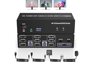 YEEMIE PRO HDMI + 2 Displayport USB 3.0 KVM Switch Dreifach-Monitor für 2 Computer, 4K@60Hz KVM-Umschalter 2 Computer x 3 Monitore mit Audio-Mikrofon-Ausgang und 3 USB 3.0 Ports, Tastatur-Maus-Umschalter