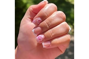 GlamRays 24 Pieces White French Floral Nail Stickers Short Square False Nails with Blossom Design Pink White Glossy