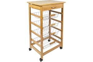 Woodluv Bamboo Kitchen Storage Trolley Cart with Drawer & Wire Storage Basket