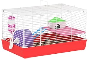 PawHut Gabbia per Criceti a 2 Livelli in Metallo e PP con Casetta, Serbatoio dell'acqua, Ruota e Piattini, 47x30x27 cm, Rosso e Bianco