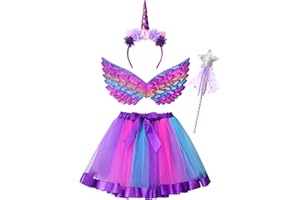 Clundoo Mädchen Einhorn Prinzessin Kleid, Tutu Rock Mädchen mit Einhorn Stirnband Flügel Zauberstab, Einhorn Kostüm Mädchen für Halloween Weihnachten Karneval Geburtstag Party