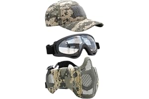 Yzpacc Airsoft Maske mit Brille, Faltbare Half Face Airsoft Mesh Maske mit Ohrenschutz für Paintball Schießen Cosplay CS Spiel