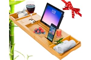 KLASS HOME COLLECTION Klass Home Bath Tray | Bath Caddy | Bath Board with Book Rest Device Holder (iPad/Tablet/iPhone/Smartphone) Candle & Wine Glass Holder Extendable Bamboo Bath Caddy Bathtub Tray Wooden Bath Tray