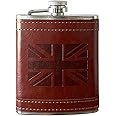SAJAK Stainless Steel Hip Flask - Whiskey Flask with PU Leather Wrapped Cover Embossed Union Jack Flag, Portable Pocket Travel Flask for Men and Women, UK Souvenir Gift for Camping, Barbecue Parties