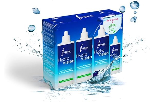 INNOXA Laboratoires - Solution Multifonction pour Lentilles Souples - Acide Hyaluronique - Nettoyant, Désinfectant, Humidifiant - Yeux sensibles - Étui à Lentilles inclus (3 x 360 ml + 100 ml offert)