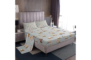 LOUSSIESD Set di lenzuola per camion dei cartoni animati per bambini, ragazzi, ragazze, costruzione, trattore, set da letto, acquerello, grigio, con 2 federe, 4 pezzi, biancheria da letto matrimoniale