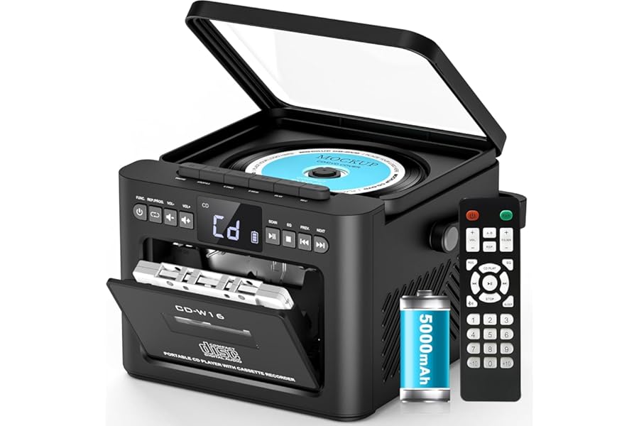 Greadio Portable CD Player for Home, Rechargeable Boombox Cassette Player, FM Radio CD Player with Bluetooth, 5000mAh Battery, Remote Control, USB, AUX, TF/SD Card, 5W Dual Stereo Speaker (Black)