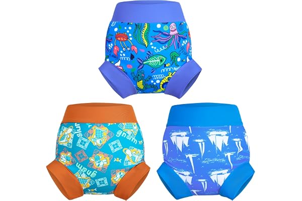 MOEMOE BABY Couches de Bain Réutilisables, Couche de Natation pour Bébés,Imperméable Couche Piscine pour Garçon et Fille,3 Paquets,Voilier+Chien+Baleine,3-4 Ans