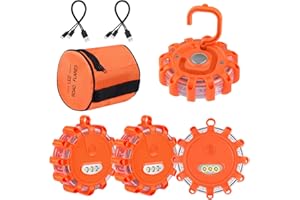 DEMARK [6 Pack] LED Road Flare,USB Rechargeable Emergency Disc Beacon with 9 Flash Modes,2 in 1 Charging Cable & Car Charger Roadside Flashing Warning Lights for Car Truck Boats(Batteries Included) (6)