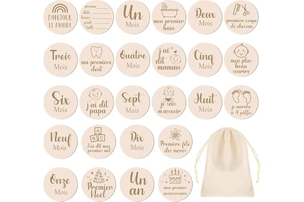 Halinuia Carte Étape Bébé Bois en Français, 26 Moments De la Naissance à 1 an sur 13 Disques Gravés Recto Verso Cadeau Bebe en Bois,Cartes De Jalon Pour Bébé Future Maman Cadeau de Naissance Bebe