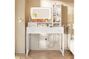 ODK Dressing Table with Adjustable LED Mirror, Vanity Desk with 4 Fabric Drawers, Vanity Table with Built-in USB Outlet, White makeup desk 100×40×140cm