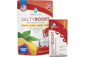 Ultra Lyte Mezcla de bebidas electrolíticas, polvo de limonada de bayas saladas sin azúcar, 24 sobres con alto contenido de sodio, oligoelementos y agua de coco, hidratación para entrenamiento,