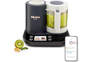 BÉABA - Babycook Smart - Robot Cuiseur Mixeur Bébé Connecté - Balance Intégrée - Bol en Verre - Panier Inox - Large Capacité 2.25L- Cuisson Vapeur Douce- Ecran Tactile/Application dédiée - Anthracite