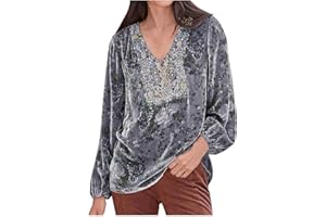 TURWXGSO Woman's Shirts UK Sale Elegant Velvet Tops V Neck Long Sleeve Blouses Retro Floral Print Shirts Plus Size Lantern Sleeve Patchwork Tops Size 8-22 Party Wear