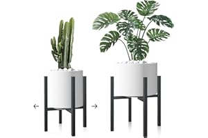 Jeackcelle 2 Set Adjustable Plant Stand, Mid-Century Metal Flower Pot Stand with Trays Fit for Different Size Pots, Heavy Duty Plant stands Holder Rack for Home Indoor Outdoor 38cm heigh (2 Set Black)