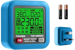 TESMEN TOE-100EMAX Electrical Socket Tester UK, Plug Outlet Tester with RCD Trip Time Test, Backlit LCD, Data Hold, Voltage Measurement, for Home & Daily Safety Checks - Blue