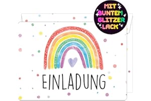 CALLUNA PRODUKTE MIT HERZ CALLUNA® 12 Regenbogen Einladungskarten mit Glitzerlack zum Kindergeburtstag – Bunte Einladung zur Geburtstagsfeier – Geburtstagseinladungen – Partyeinladungen (mit Versandhüllen)