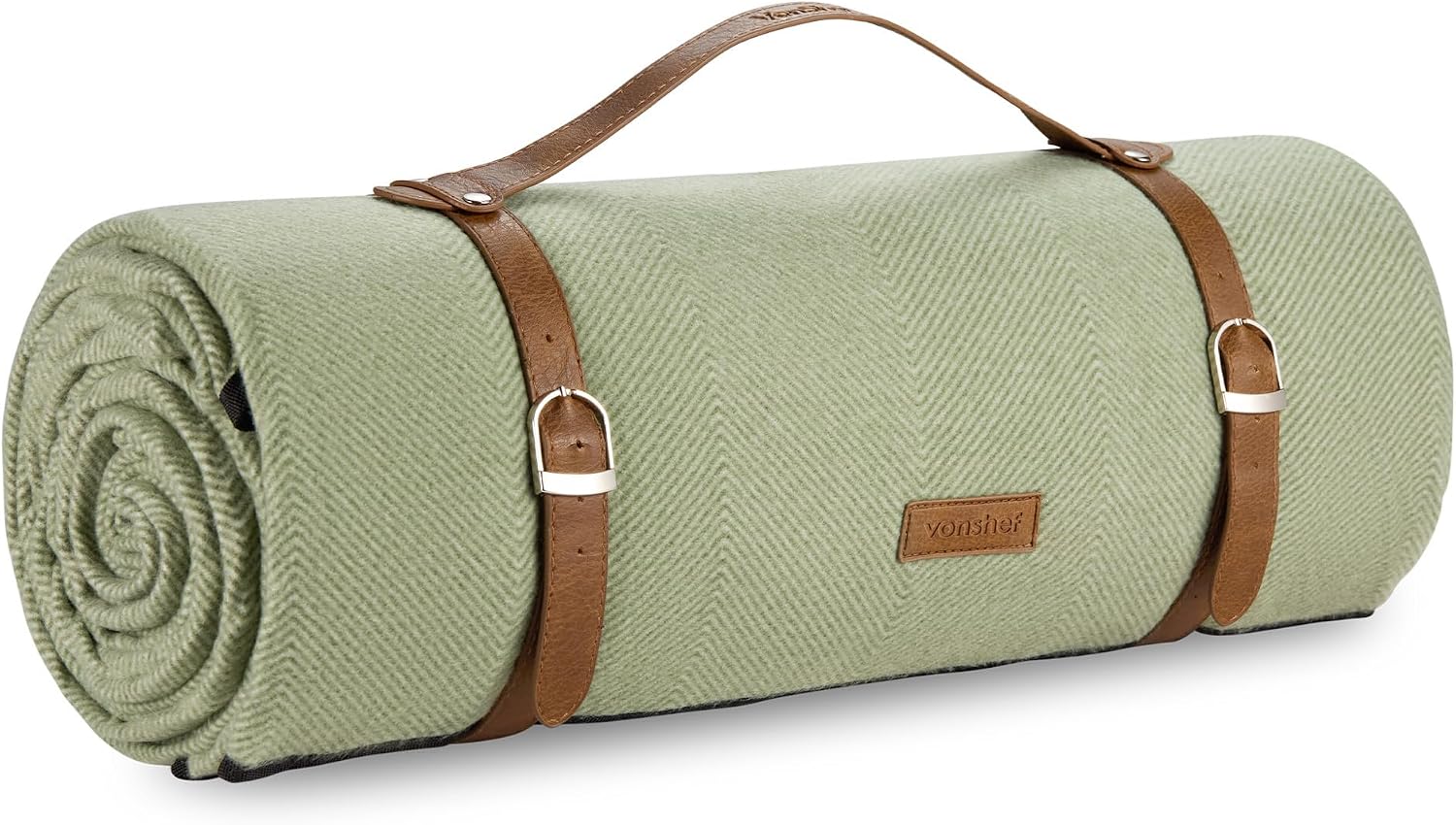 VonShef Picnic Blanket, Green Herringbone Extra Large Outdoor Rug with Waterproof Backing, 10 Person Weatherproof Picnic Mat with Faux Leather Handle, Water Resistant Camping Accessories, 200x300cm
